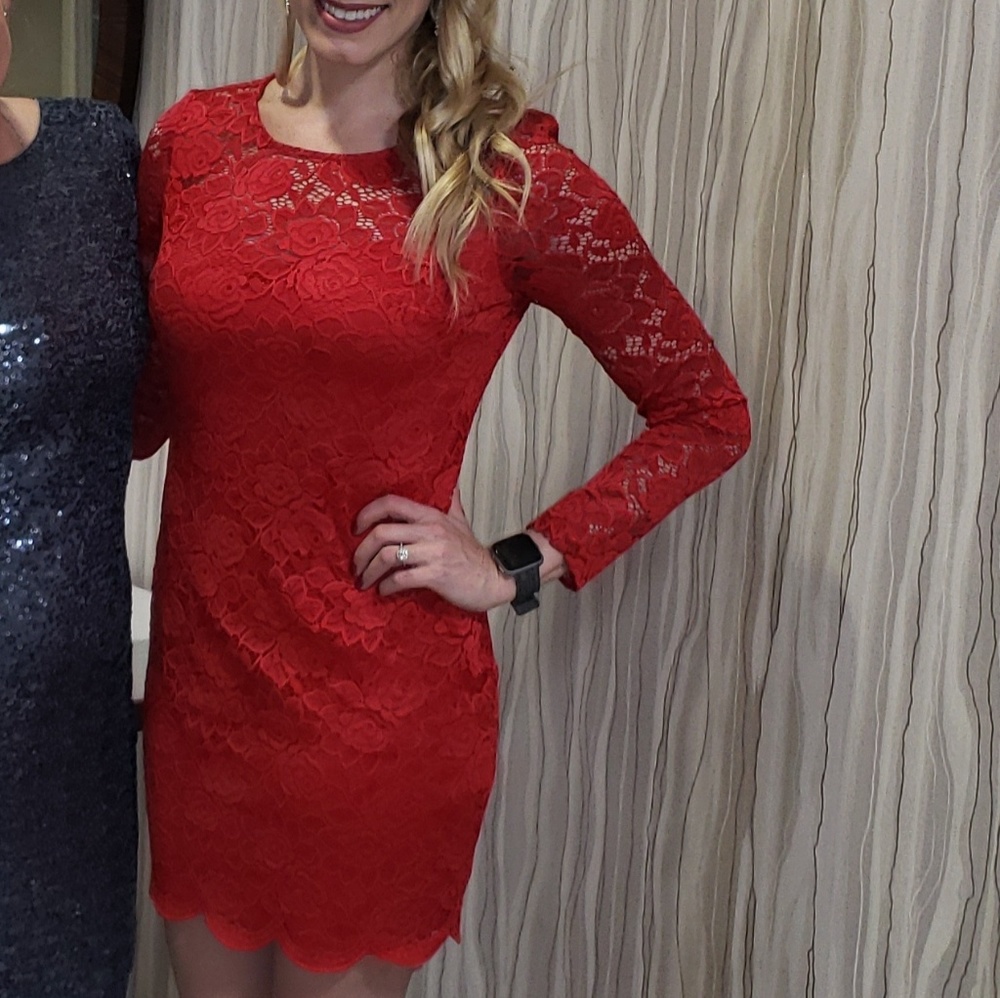 Red Lace Mini Dress with Lace Sleeves